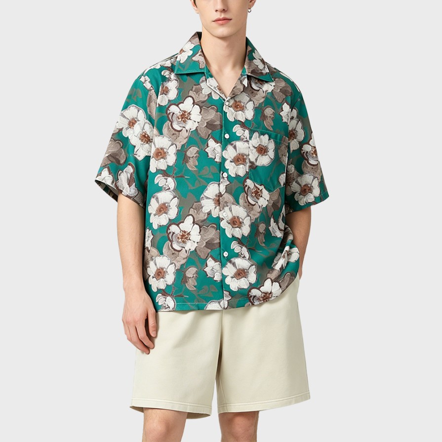 Cuban Collar Floral Print Short Sleeve Shirt
