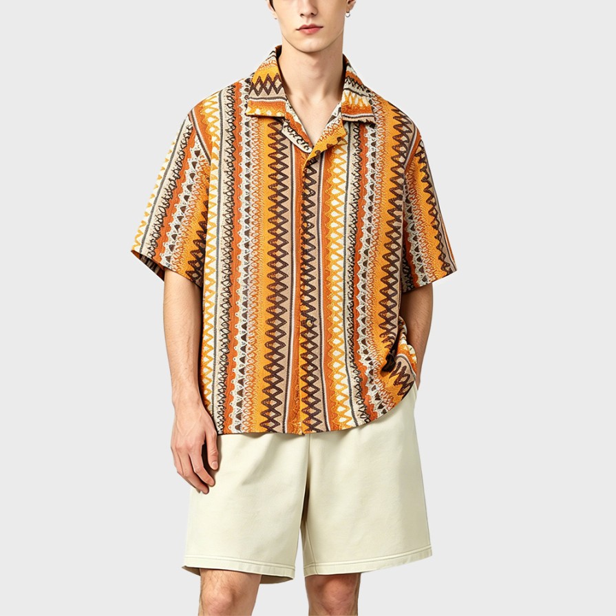 Ethnic Style Woven Color Block Cuban Collar Resort Shirt