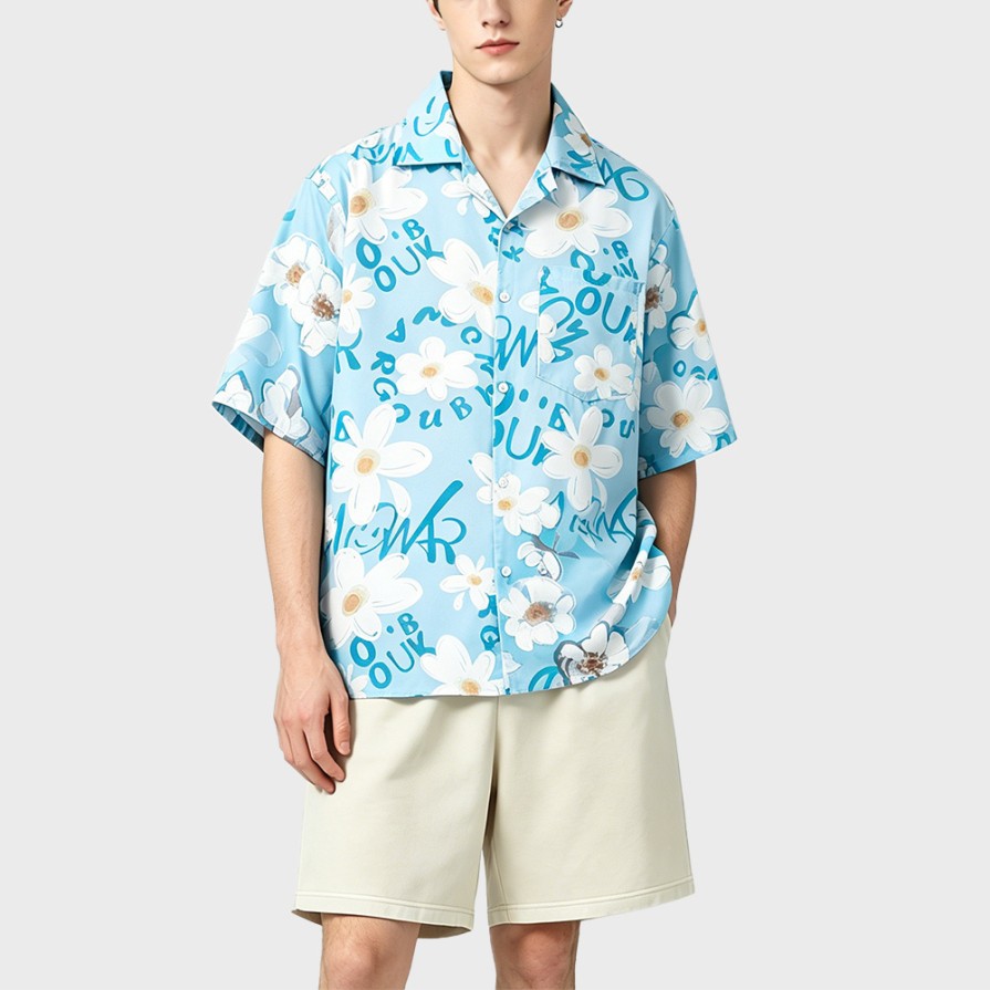Letter Flower Print Loose Short Sleeve Shirt