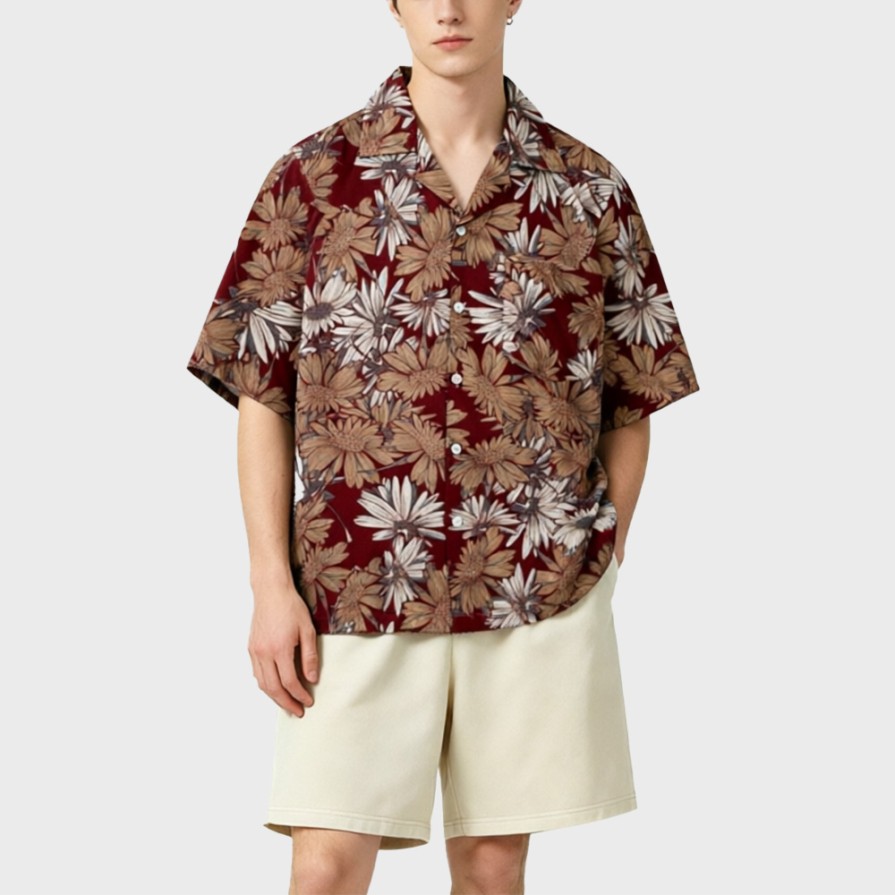 Cuban Collar Printed Loose Short Sleeve Shirt