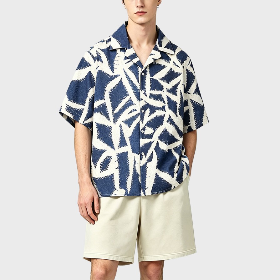 Printed Seersucker Cuban Collar Resort Shirt