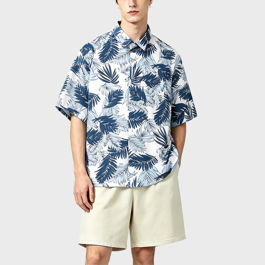 Retro Hawaiian Botanical Print Short-Sleeve Shirt