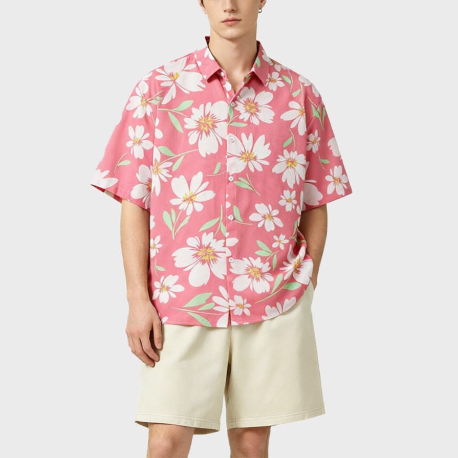 Pink Floral-Print Short-Sleeve Collared Shirt