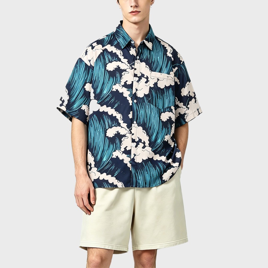 Unique Hawaiian Wave Print Short-Sleeve Shirt