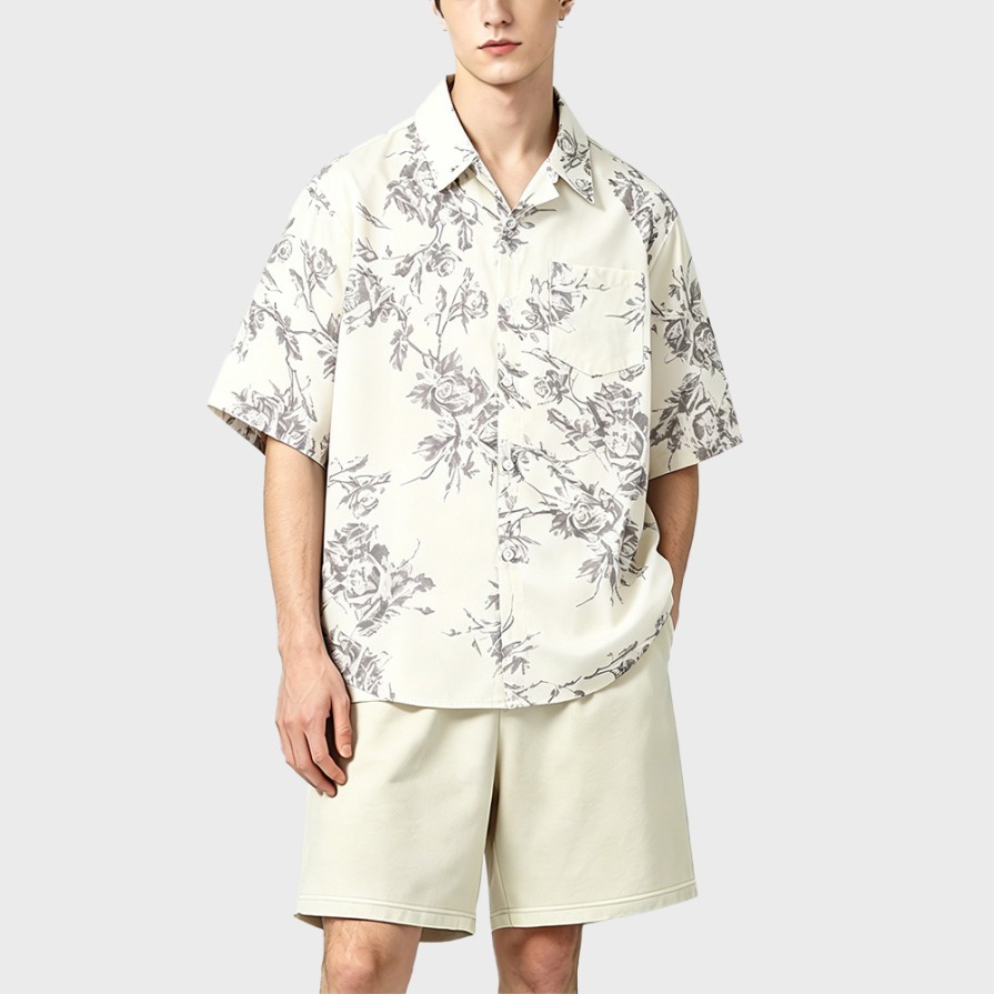 Solid-Color Retro All-Over Print Short-Sleeve Shirt