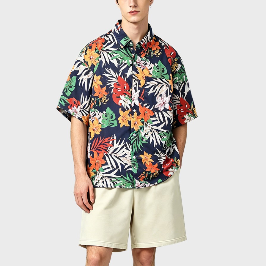 Floral Pointed Collar Short Sleeve Casual Shirt Set