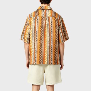 Ethnic Style Woven Color Block Cuban Collar Resort Shirt