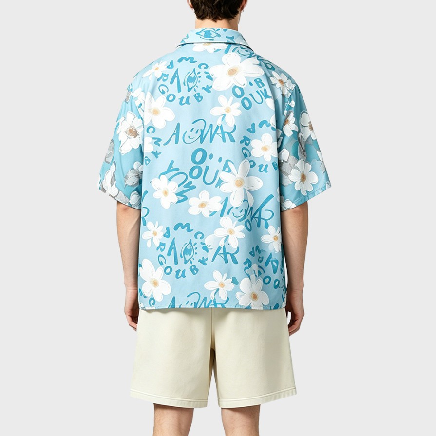 Letter Flower Print Loose Short Sleeve Shirt