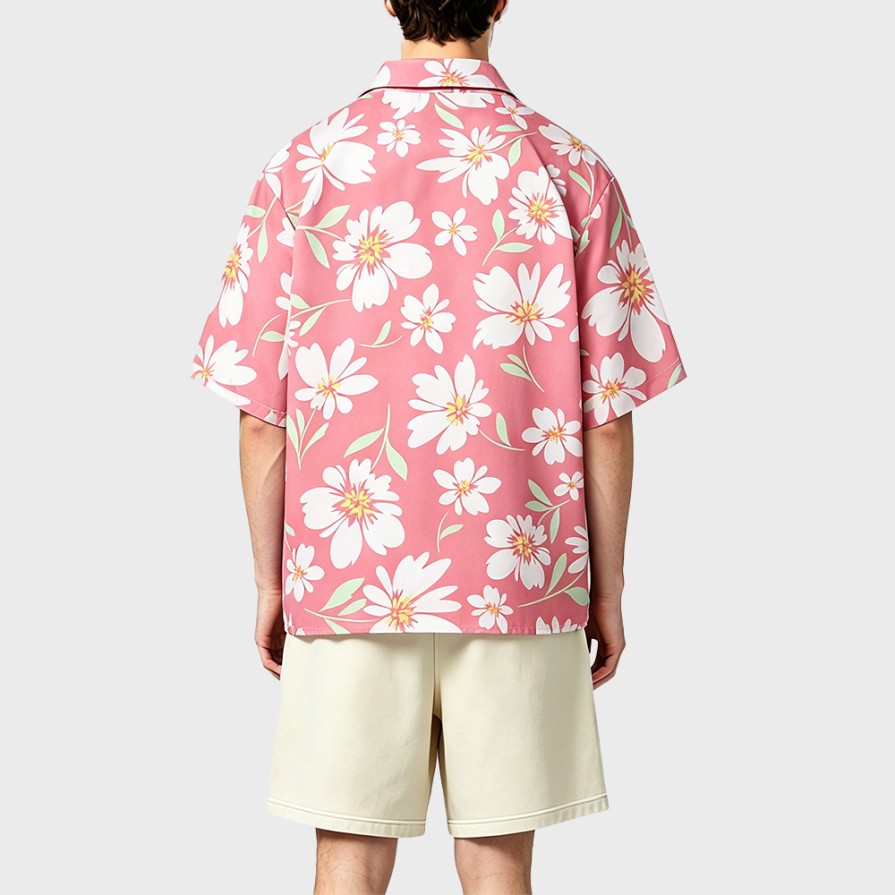 Pink Floral-Print Short-Sleeve Collared Shirt