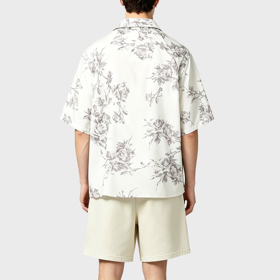 Solid-Color Retro All-Over Print Short-Sleeve Shirt