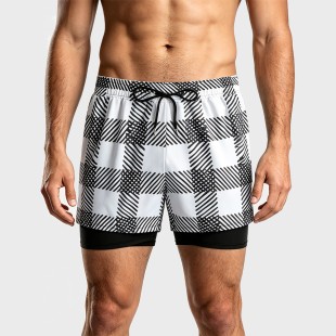 Plaid Double-Lined Beach Swim Trunks