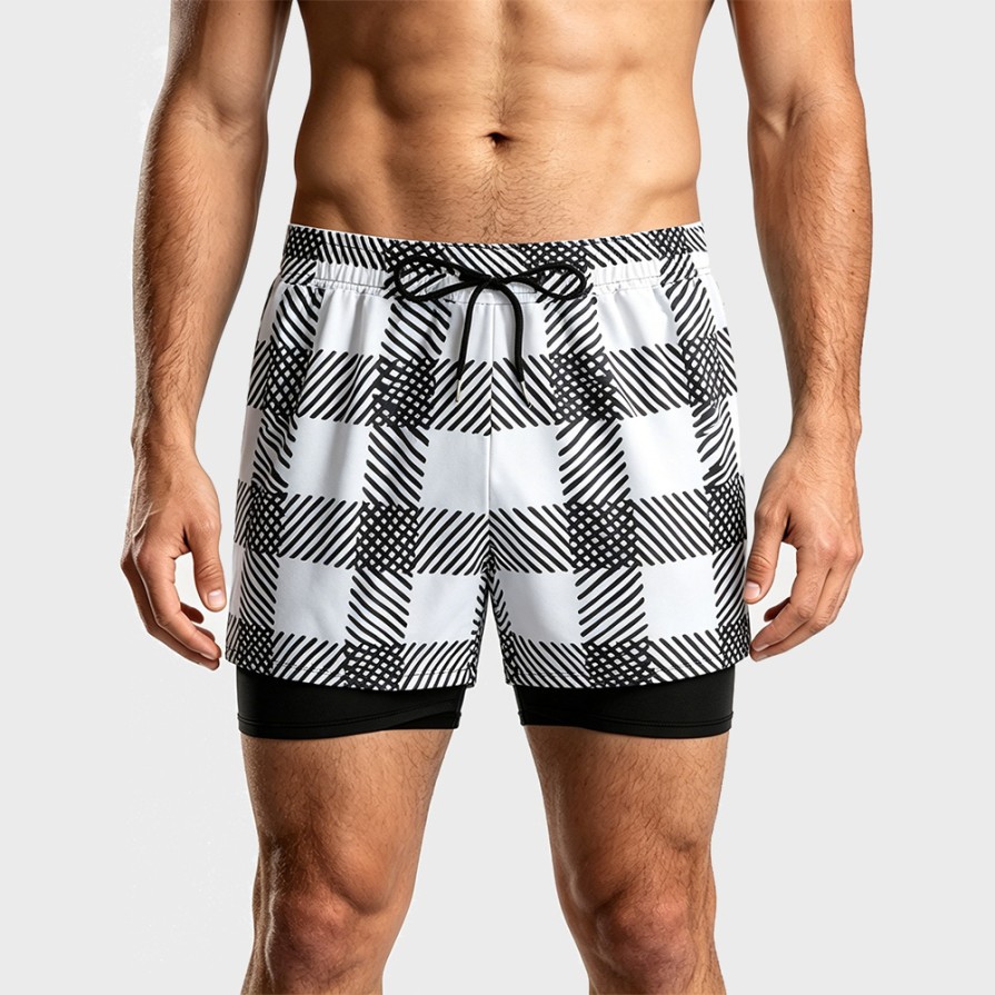 Plaid Double-Lined Beach Swim Trunks