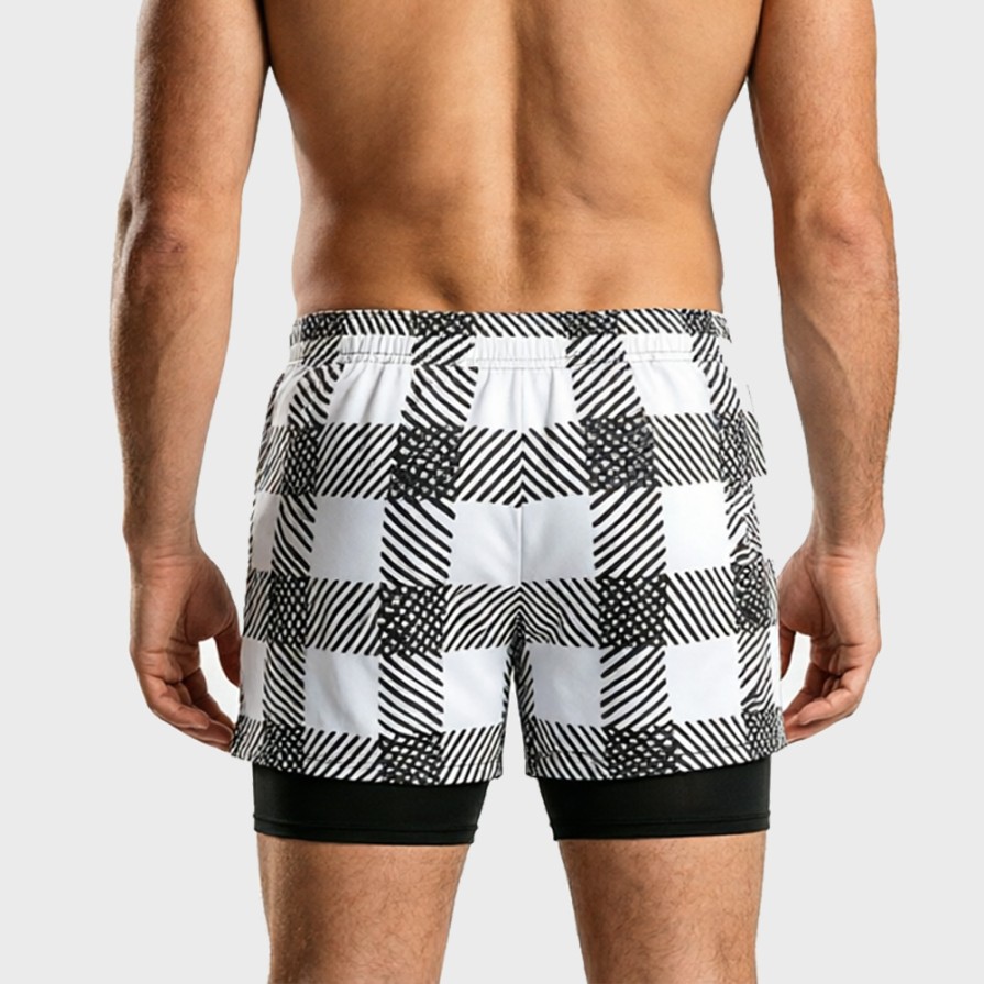 Plaid Double-Lined Beach Swim Trunks