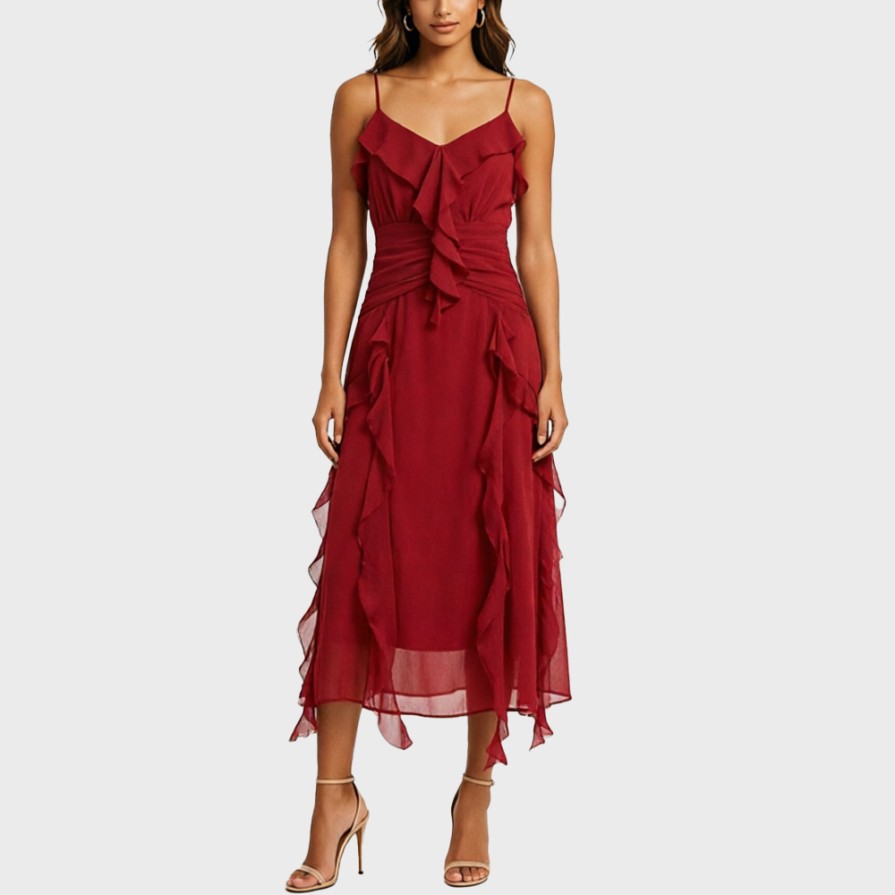 Flounce Strap V-Neck Vacation Maxi Dress