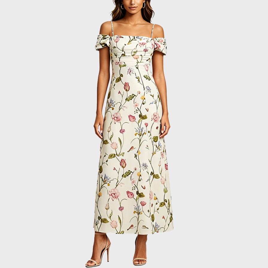 French Vacation Style Floral Garden Print U-Neck Ruffle Hem Dress