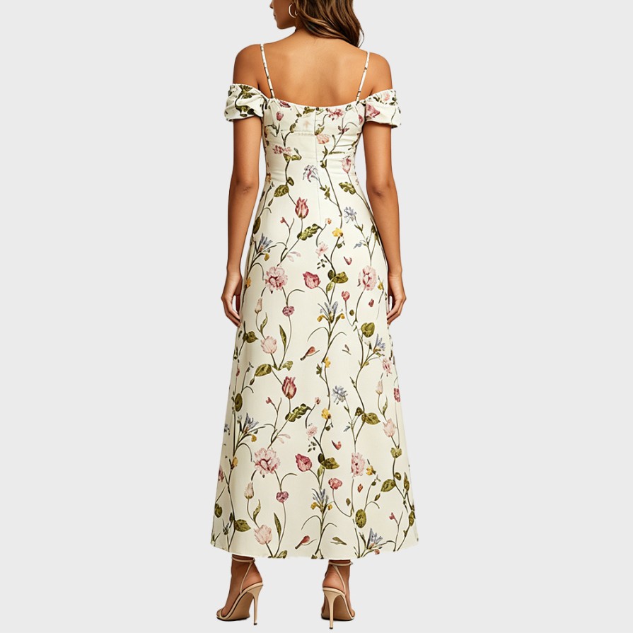 French Vacation Style Floral Garden Print U-Neck Ruffle Hem Dress