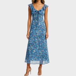 French Retro Floral Ruffle Hem Long Skirt