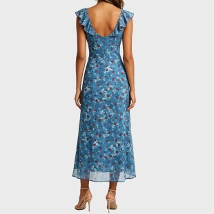 French Retro Floral Ruffle Hem Long Skirt