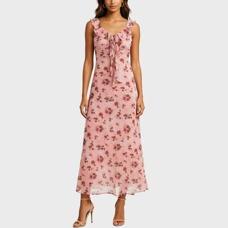 Floral V-Neck Ruffled Strappy Dress
