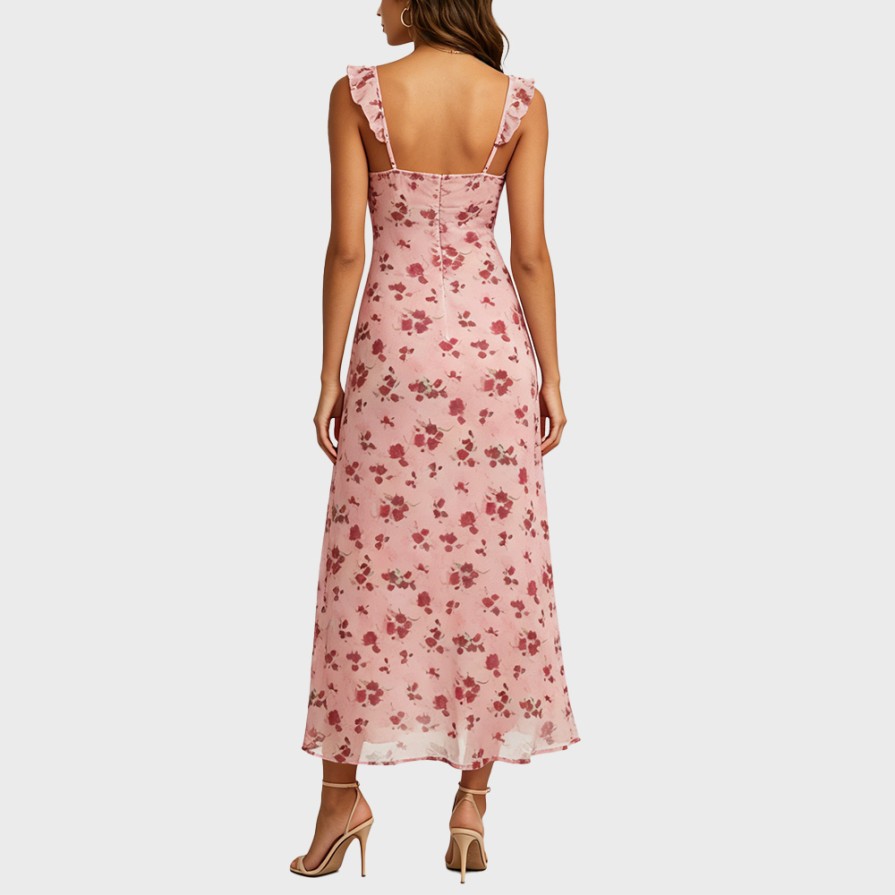 Floral V-Neck Ruffled Strappy Dress