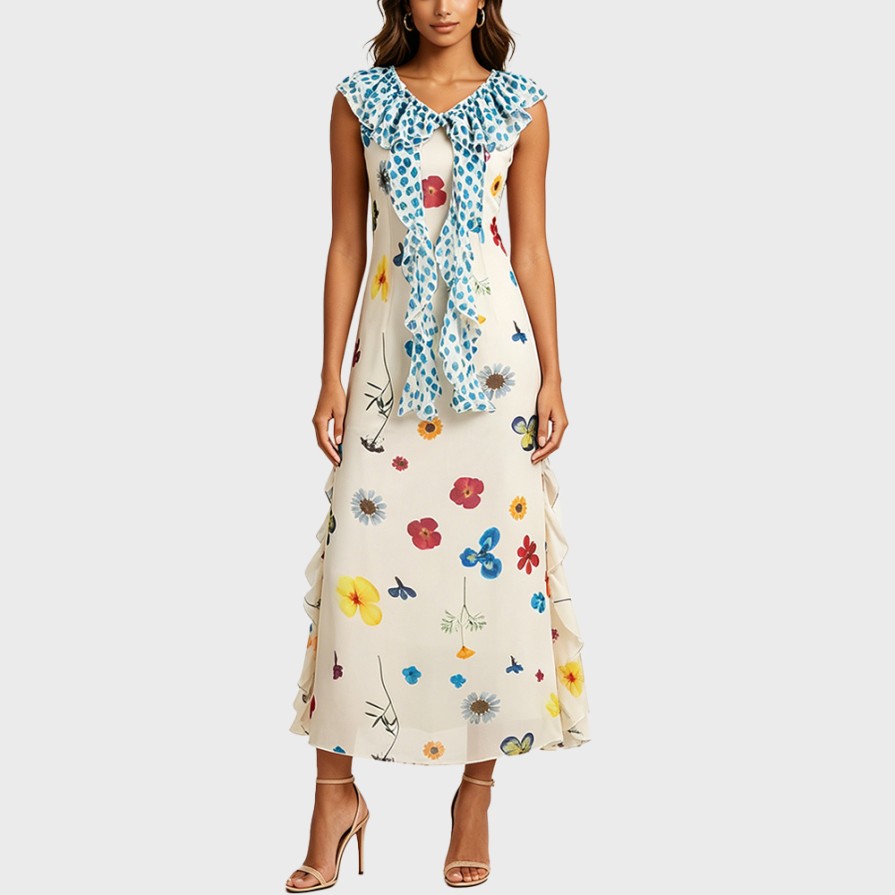 Floral sleeveless V-neck fitted waist vacation maxi dress