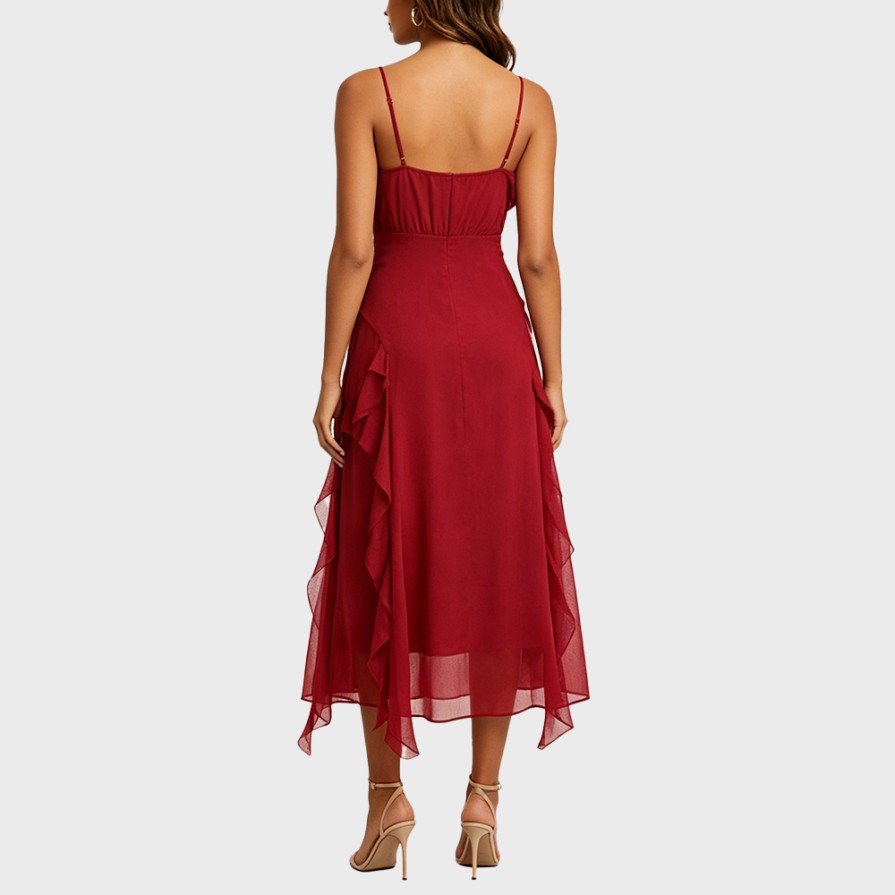Flounce Strap V-Neck Vacation Maxi Dress