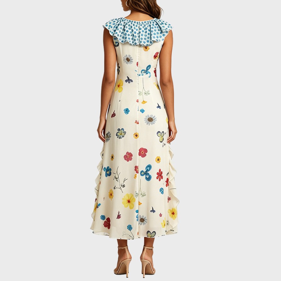 Floral sleeveless V-neck fitted waist vacation maxi dress