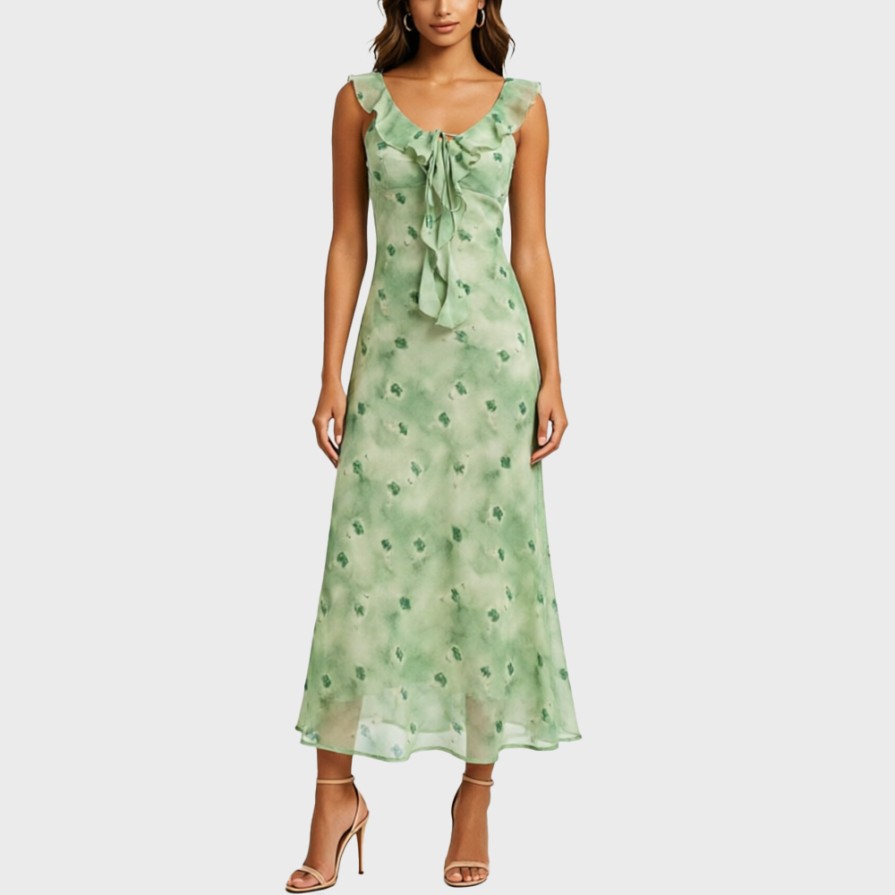 Green Ruffled Spaghetti-Strap Dress