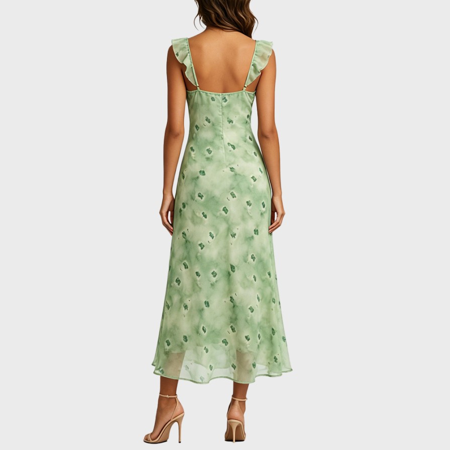 Green Ruffled Spaghetti-Strap Dress
