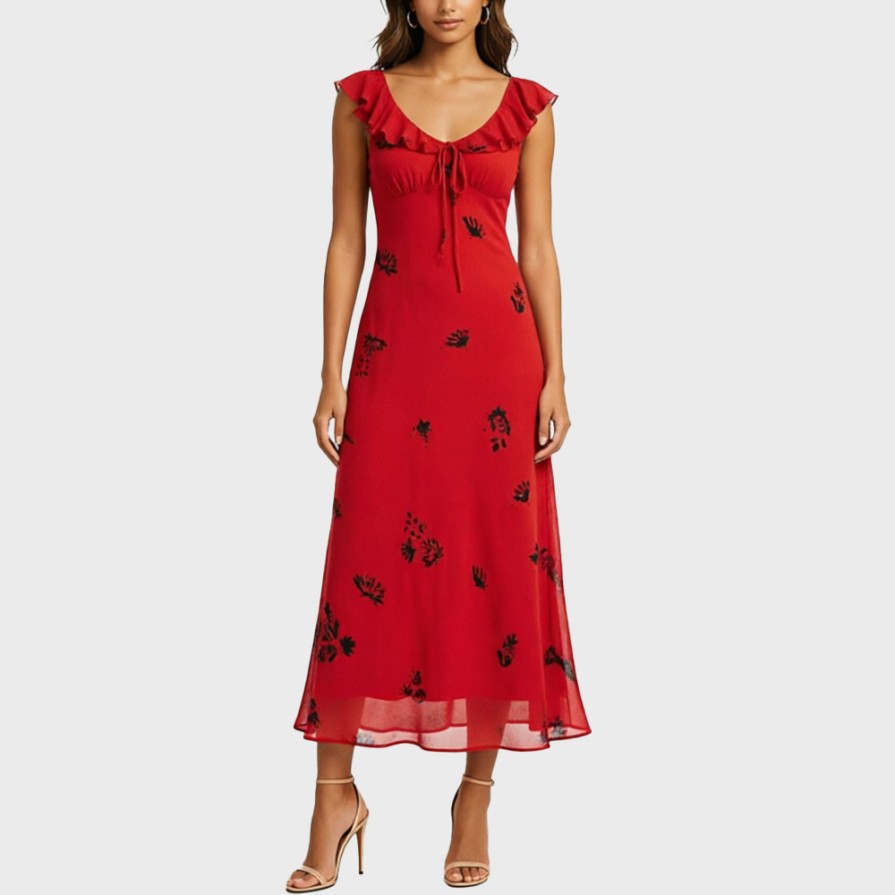 Red Printed Ruffled Vacation Dress