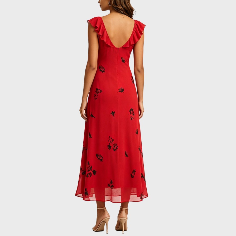 Red Printed Ruffled Vacation Dress