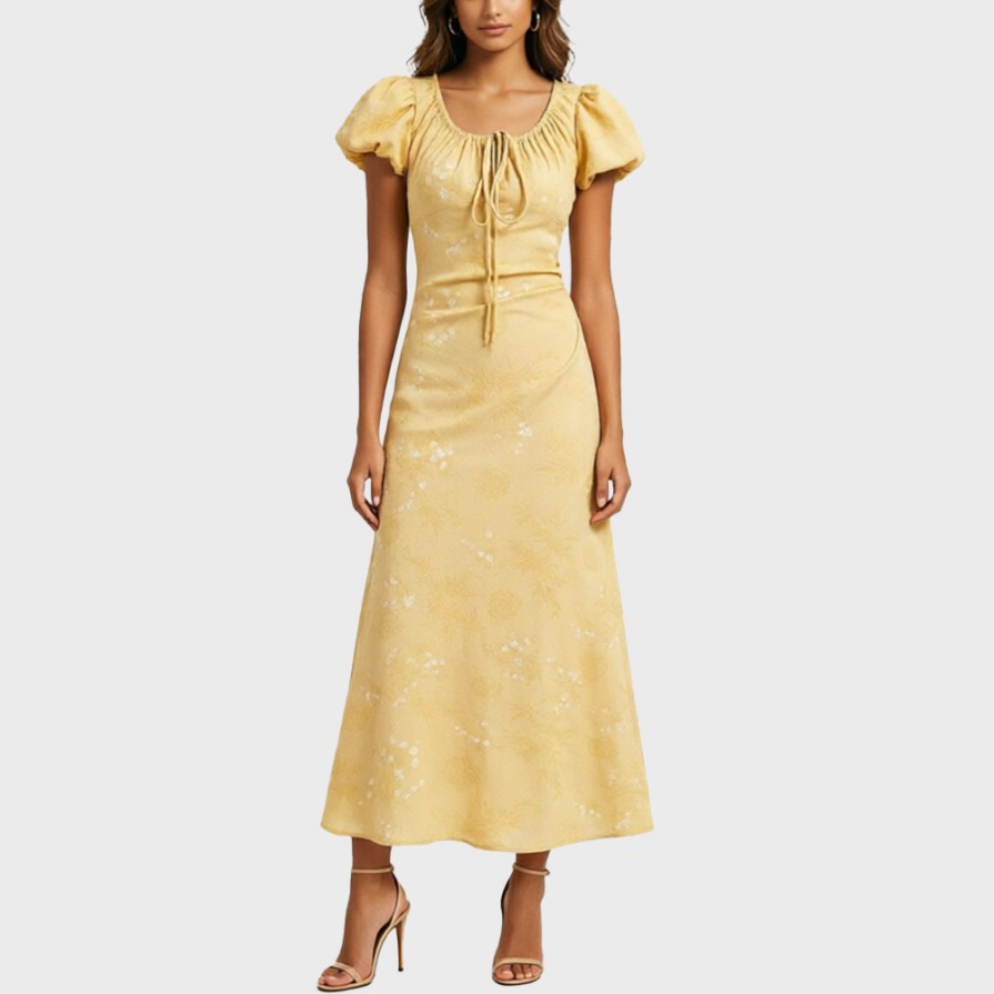 Yellow Jacquard Floral-Print Dress