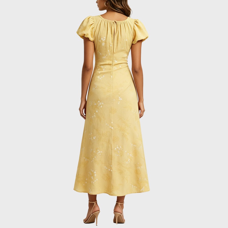Yellow Jacquard Floral-Print Dress