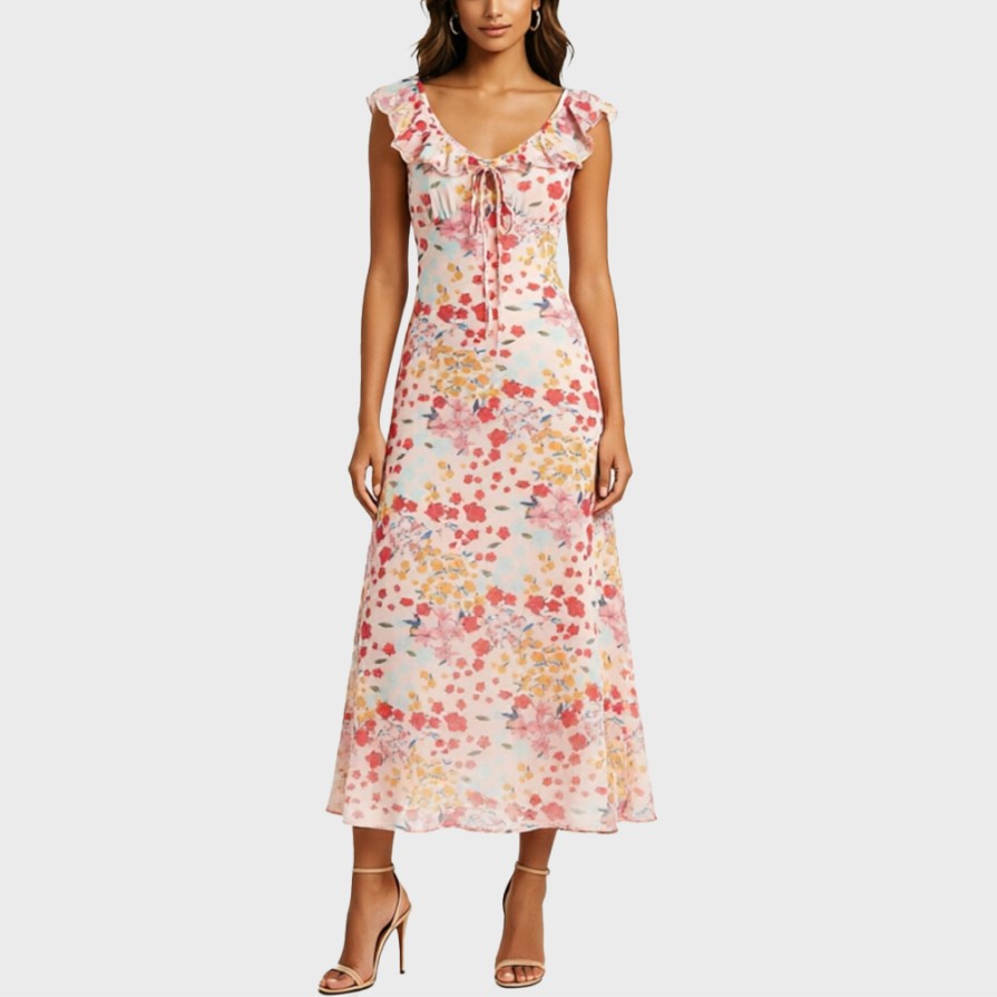 Personalized Print V-Neck Waist-Cinching Dress with Tie Detail