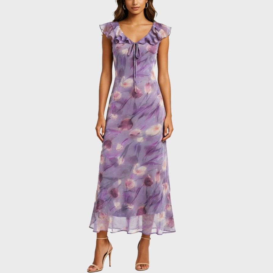 Purple floral print ruffled sleeve resort maxi dress