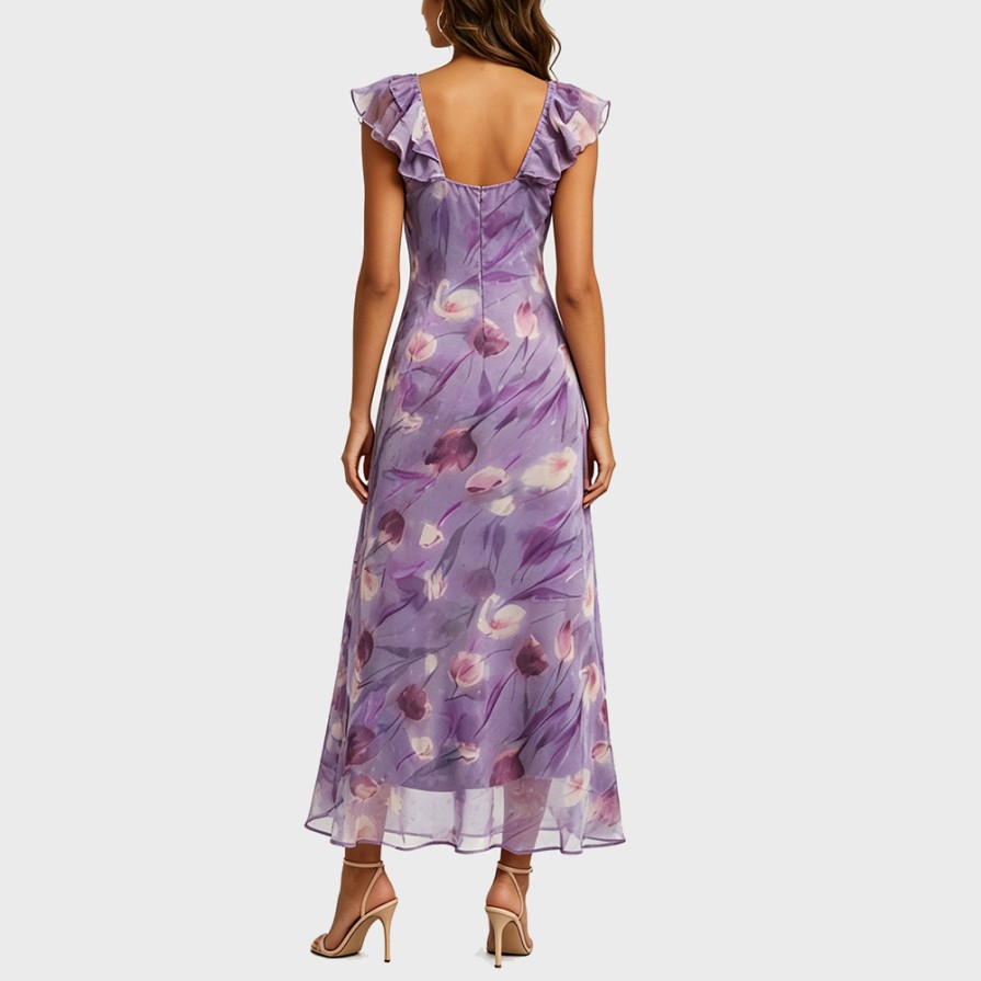 Purple floral print ruffled sleeve resort maxi dress
