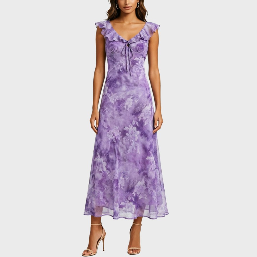 Vacation-Style V-Neck Ruffled Floral Dress