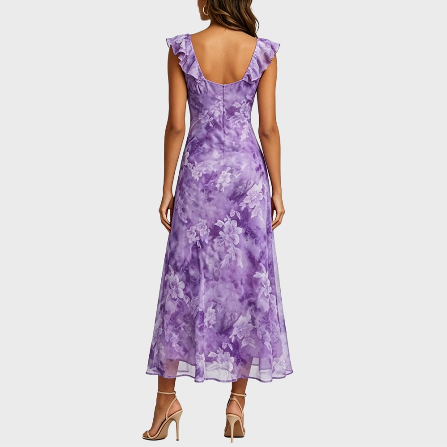 Vacation-Style V-Neck Ruffled Floral Dress