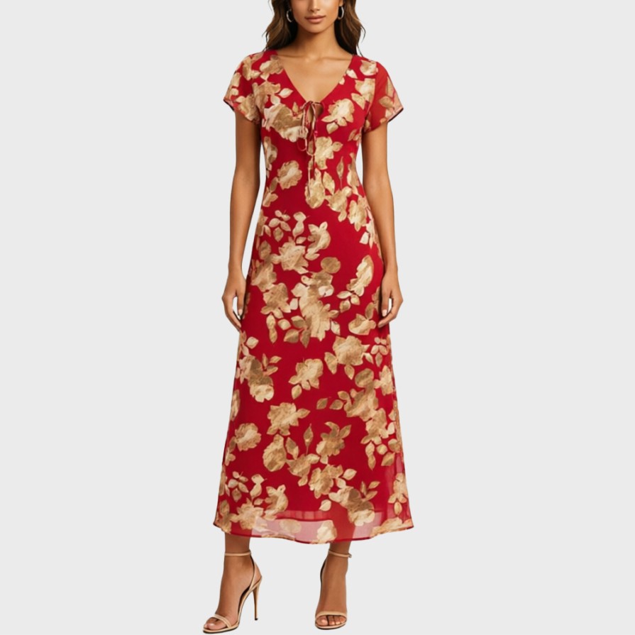 Red Printed V-Neck Waist-Tie Dress