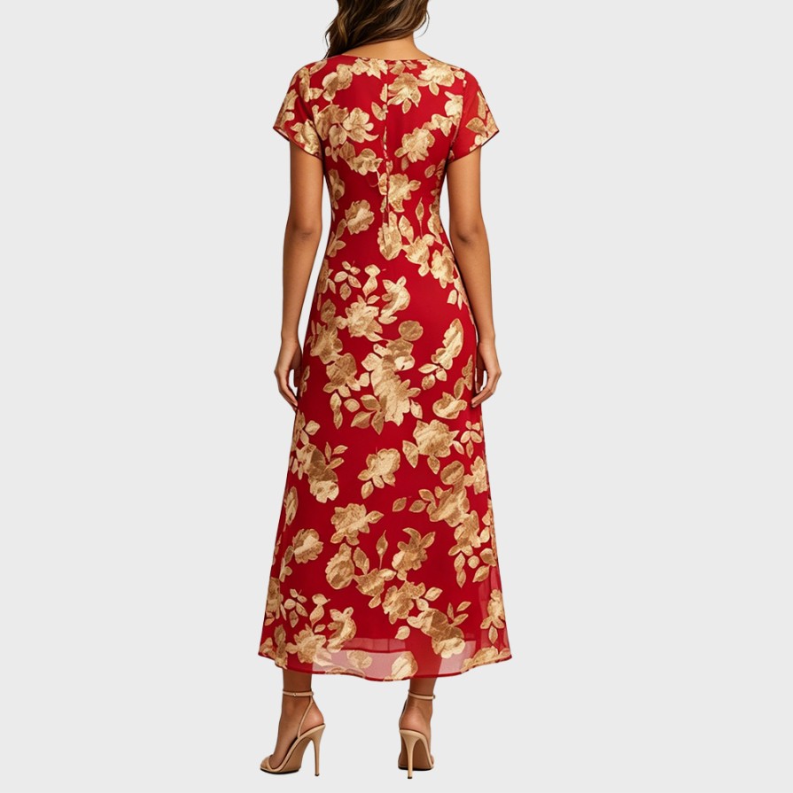 Red Printed V-Neck Waist-Tie Dress