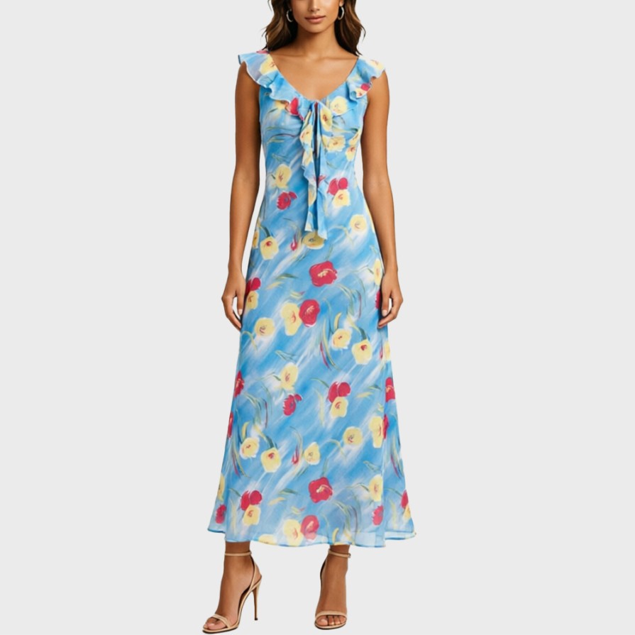 Blue V-neck fitted waist floral print sundress