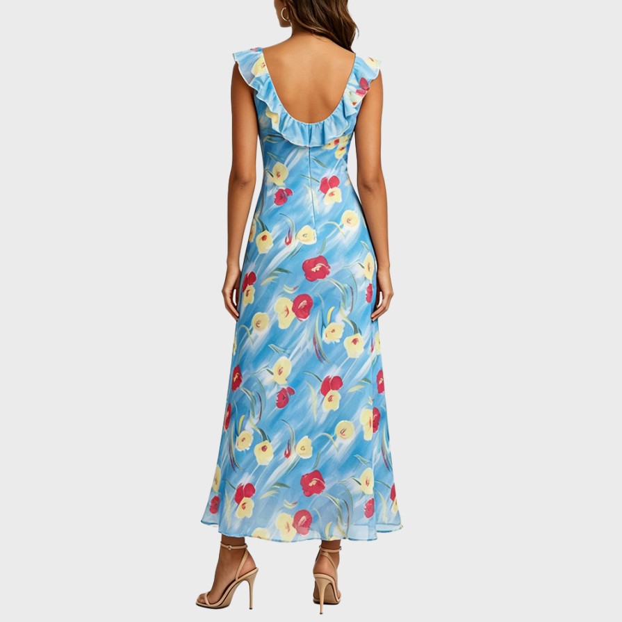 Blue V-neck fitted waist floral print sundress