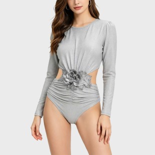 Silver Shiny Long Sleeve Hollow Back Halter One-Piece Swimsuit