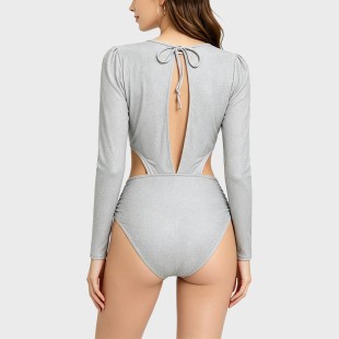 Silver Shiny Long Sleeve Hollow Back Halter One-Piece Swimsuit