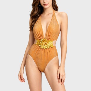 Deep V Neck Tie Halter Dress Style One-Piece Swimsuit