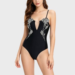 Vintage Crystal Rose Dress Style One-Piece Swimsuit