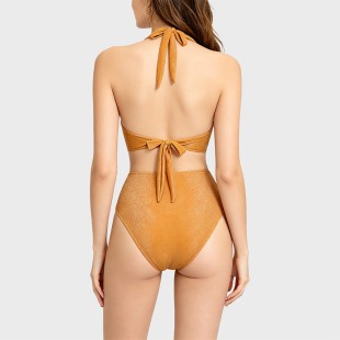 Deep V Neck Tie Halter Dress Style One-Piece Swimsuit