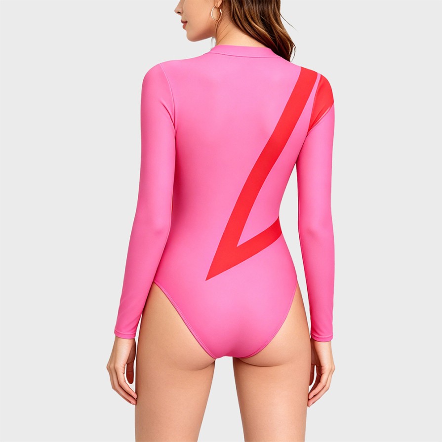 Long Sleeve Color Block Dress Style One-Piece Surf Swimsuit