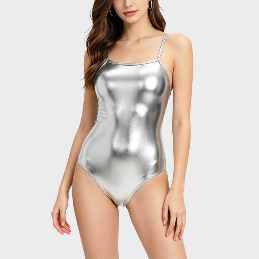 Shiny Deep V Backless Halter One-Piece Swimsuit