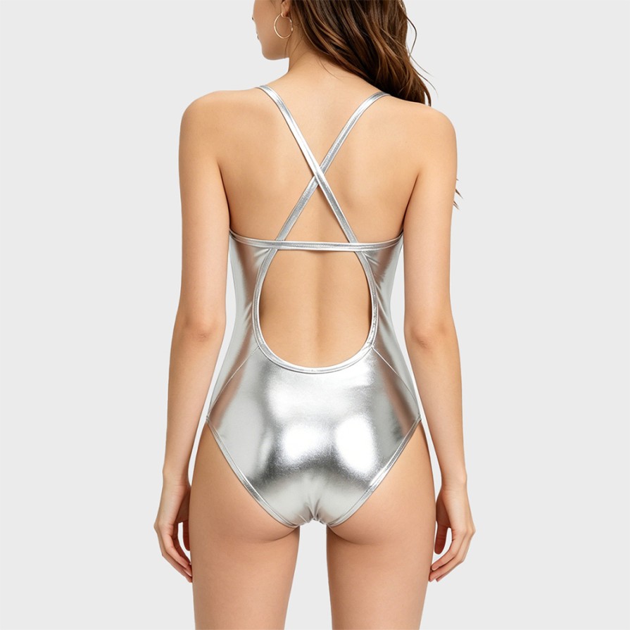 Shiny Deep V Backless Halter One-Piece Swimsuit